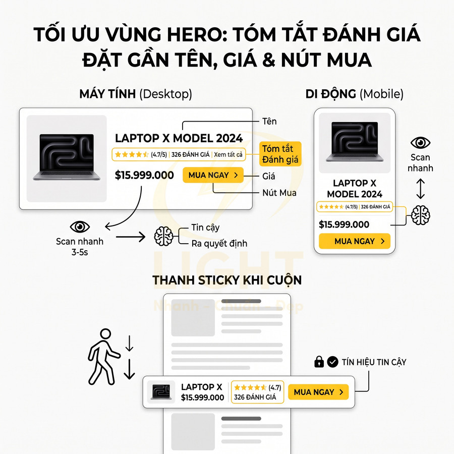 Giao diện bán laptop X model 2024 hiển thị tên, giá, đánh giá sao và nút mua ngay trên desktop và mobile