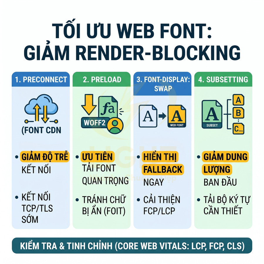 Infographic tối ưu web font giảm render blocking với preconnect preload font display swap và subsetting