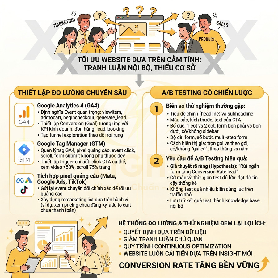 Infographic tối ưu website với Google Analytics 4, Google Tag Manager, A/B testing và đo lường chuyển đổi