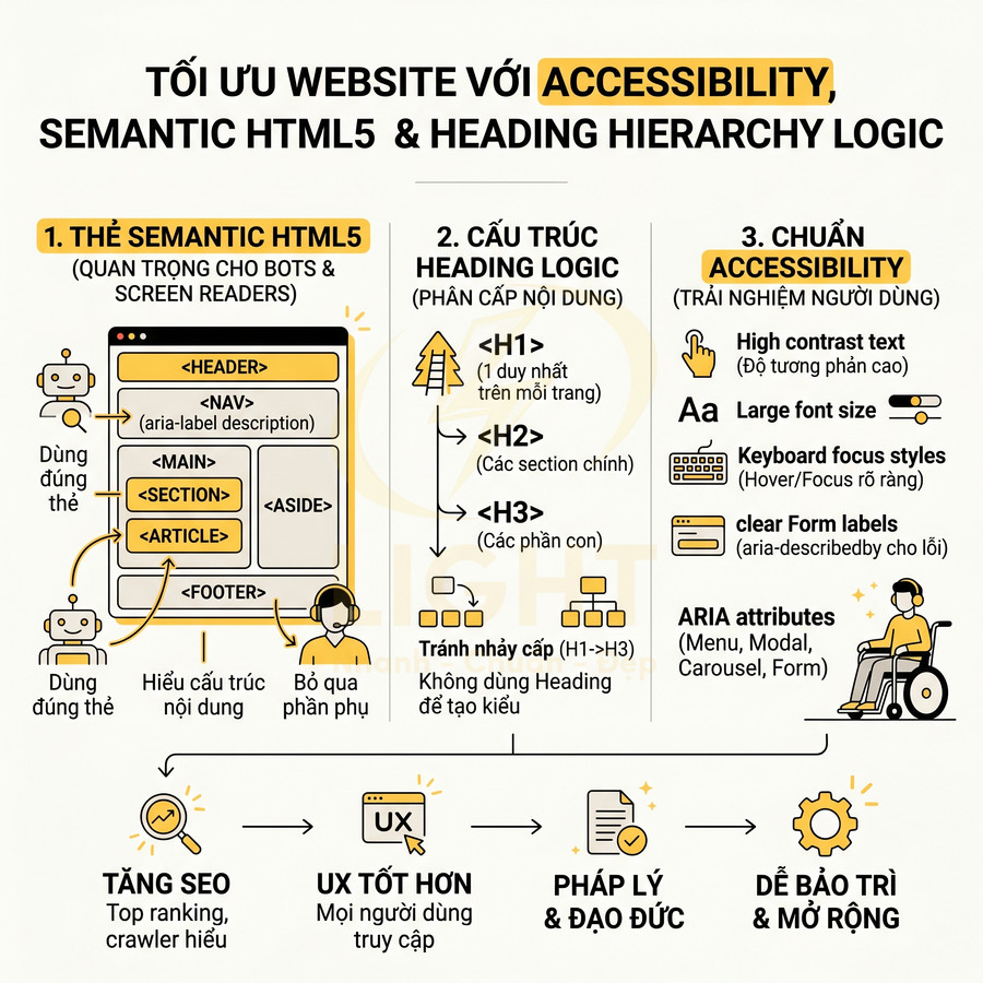 Hướng dẫn tối ưu website với thẻ semantic HTML5, cấu trúc heading logic và chuẩn accessibility để cải thiện SEO và UX