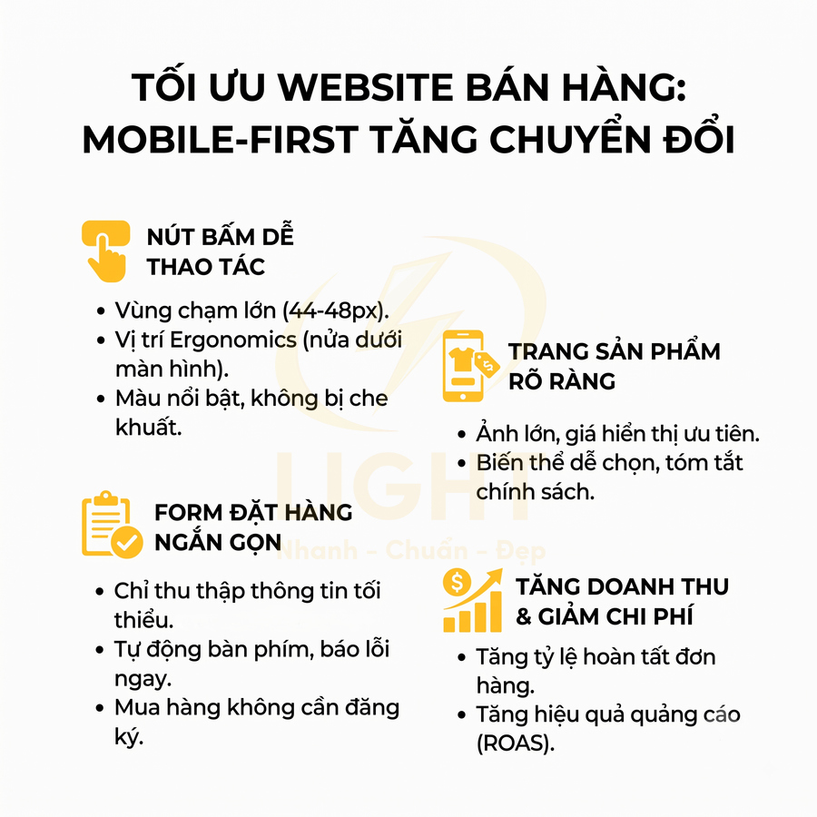 Infographic tối ưu website bán hàng mobile first với nút bấm dễ thao tác, form đặt hàng ngắn gọn và trang sản phẩm rõ ràng