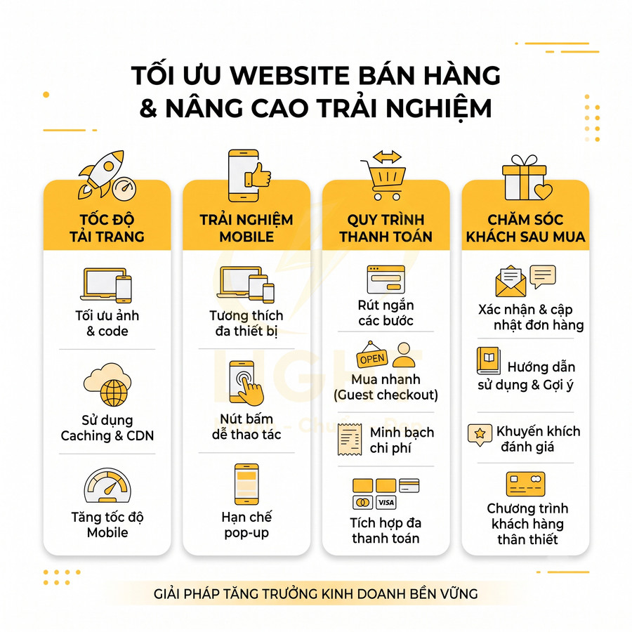 Infographic tối ưu website bán hàng với các giải pháp tăng tốc độ tải trang, trải nghiệm mobile, thanh toán và chăm sóc khách hàng