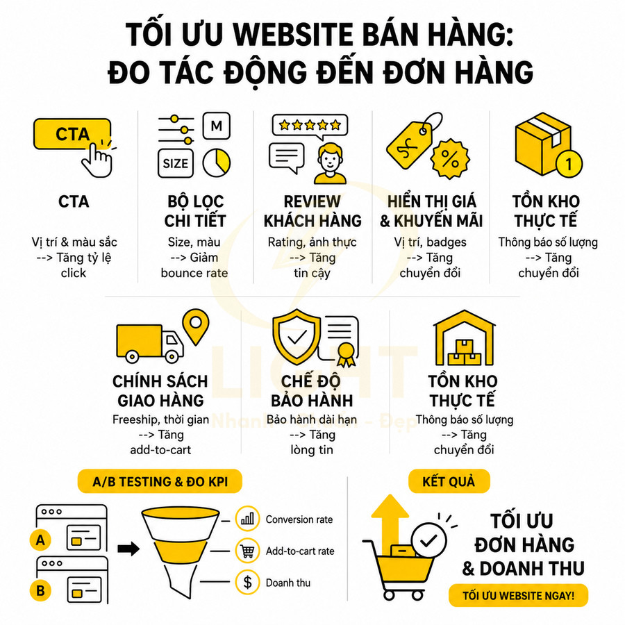 Infographic tối ưu website bán hàng với CTA, bộ lọc, review, giá khuyến mãi, tồn kho, giao hàng, bảo hành và A/B testing