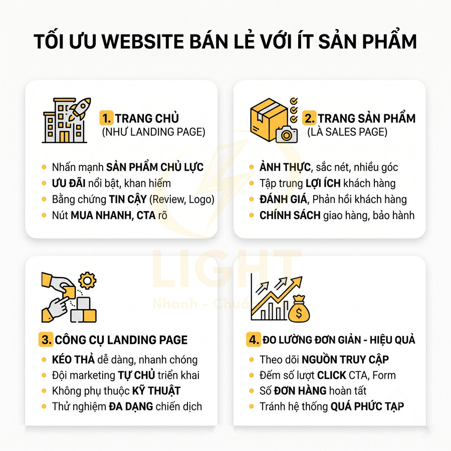 Infographic tối ưu website bán lẻ ít sản phẩm với 4 mục: trang chủ, trang sản phẩm, công cụ landing page, đo lường hiệu quả