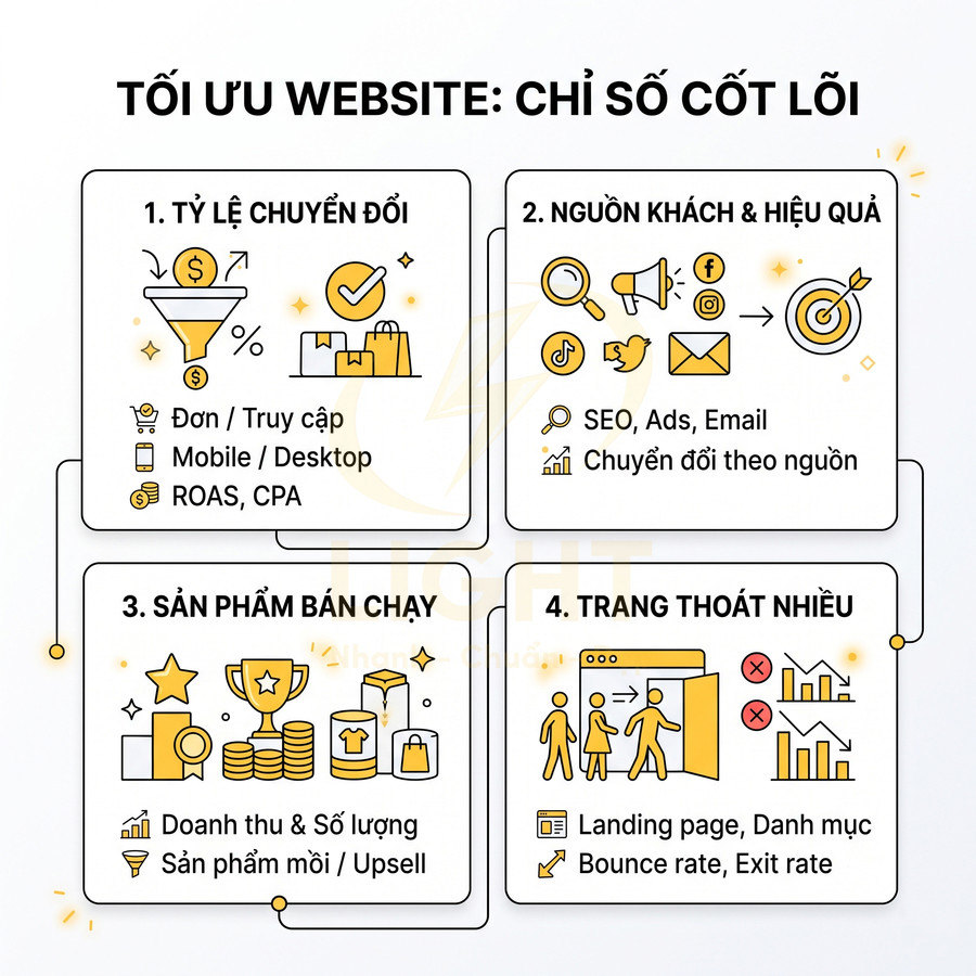 Infographic tối ưu website với 4 chỉ số cốt lõi: tỷ lệ chuyển đổi, nguồn khách, sản phẩm bán chạy, trang thoát nhiều