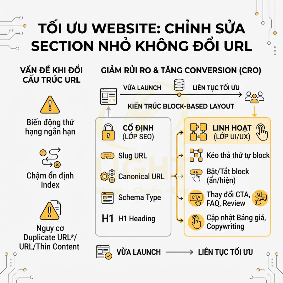 Mô hình tối ưu website bằng chỉnh sửa section nhỏ không đổi URL để giảm rủi ro SEO và tăng chuyển đổi