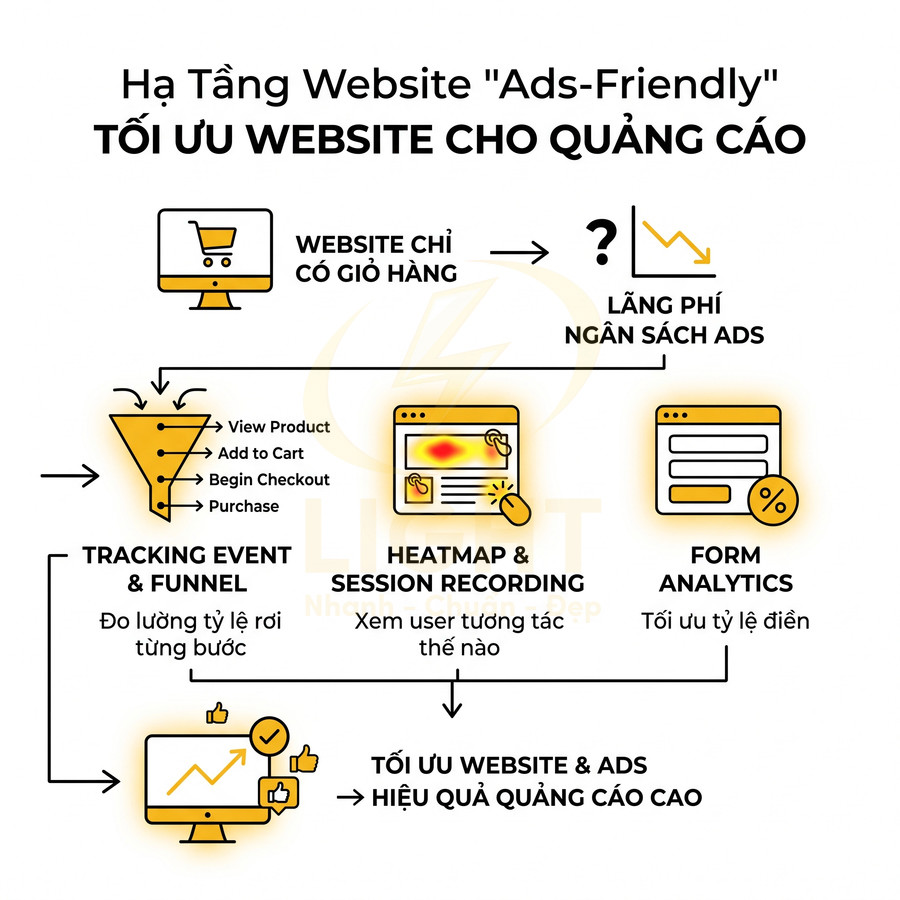 Sơ đồ tối ưu website cho quảng cáo với tracking funnel heatmap session recording và form analytics