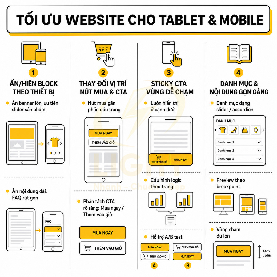 Hướng dẫn tối ưu website bán hàng cho tablet và mobile với CTA, danh mục và nội dung gọn gàng