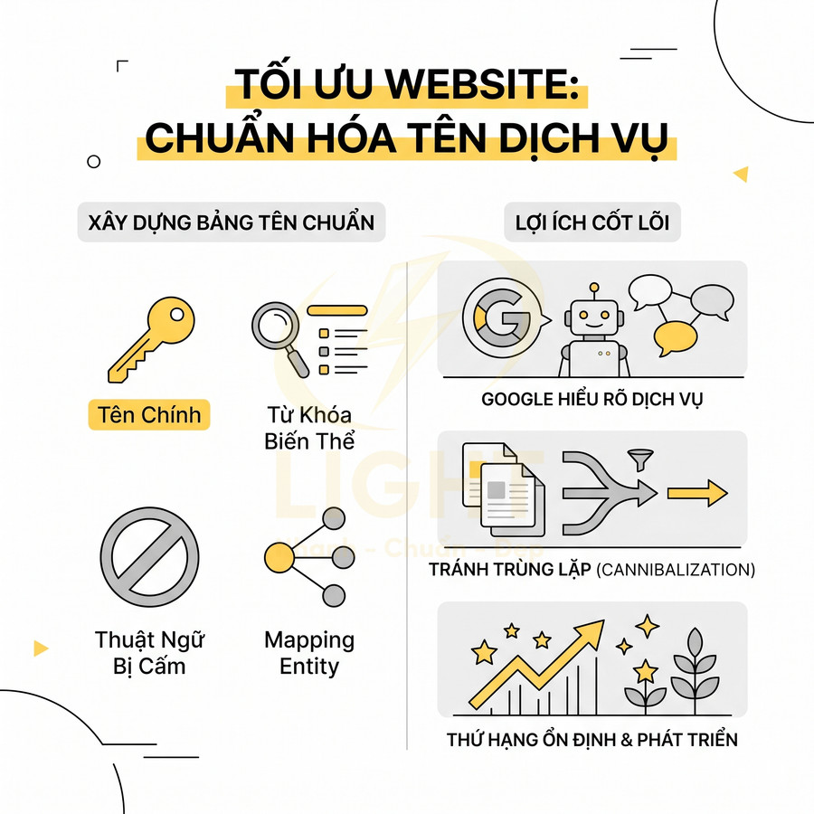 Infographic tối ưu website chuẩn hóa tên dịch vụ với bảng tên chuẩn và lợi ích SEO như tránh trùng lặp, cải thiện thứ hạng