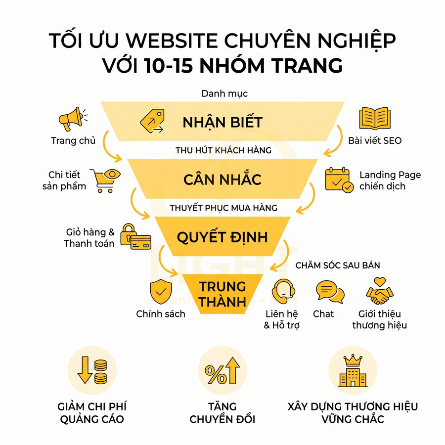 Mô hình phễu tối ưu website chuyên nghiệp với 10-15 nhóm trang từ nhận biết đến trung thành khách hàng