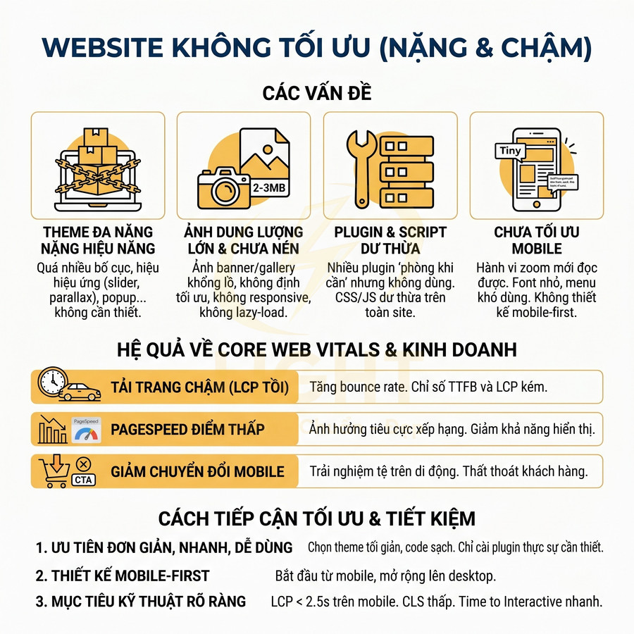 Infographic các vấn đề khiến website nặng chậm và cách tối ưu core web vitals, cải thiện tốc độ và chuyển đổi mobile