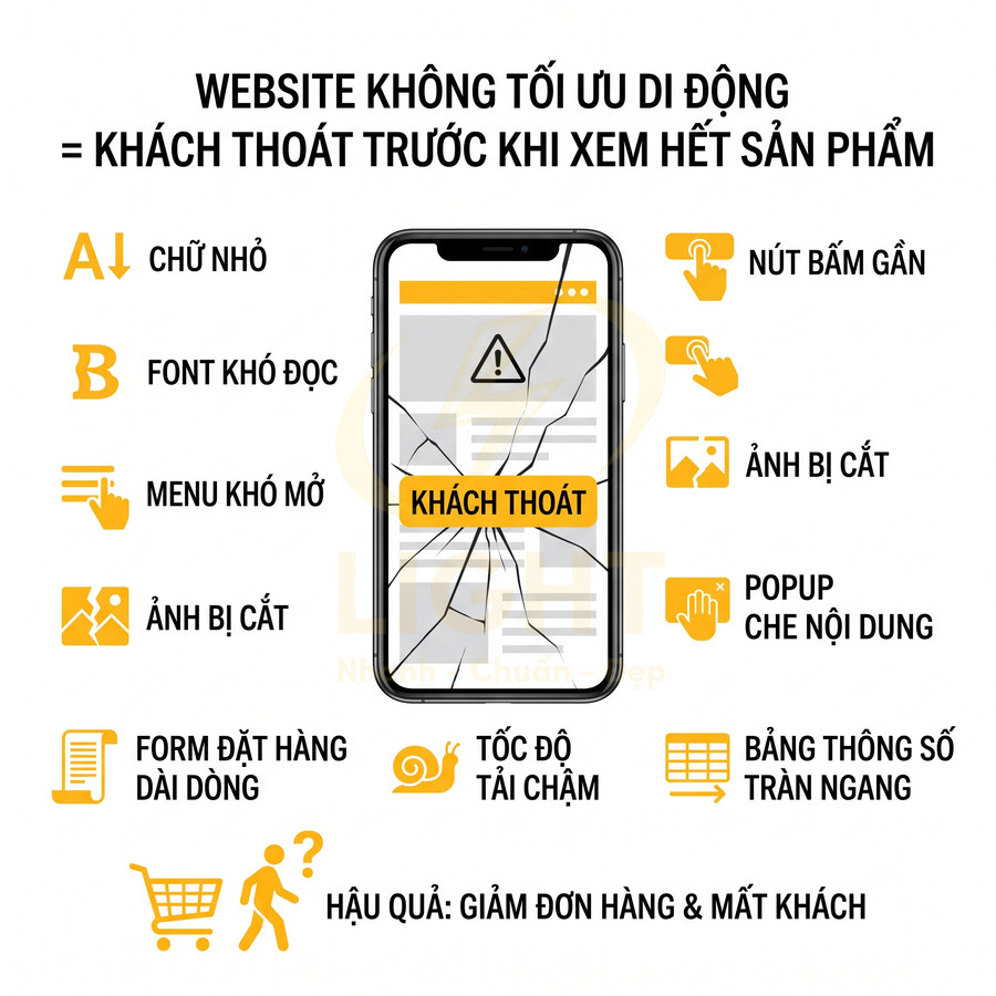 Hình minh họa website không tối ưu di động trên điện thoại, liệt kê lỗi UX gây khách thoát và giảm đơn hàng