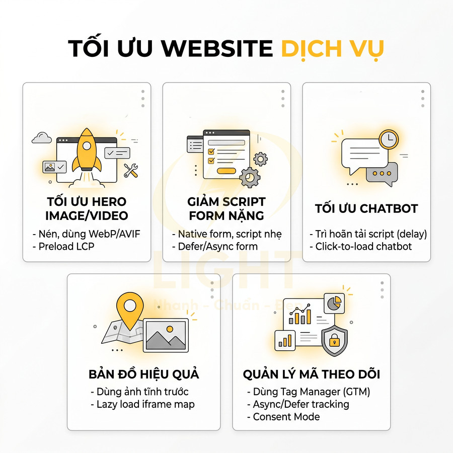 Các bước tối ưu website dịch vụ với hero image, chatbot, bản đồ, form và mã theo dõi để tăng tốc độ tải trang