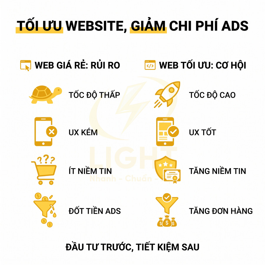 So sánh web giá rẻ và web tối ưu về tốc độ, UX, niềm tin, chi phí ads và đơn hàng