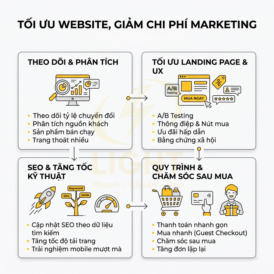 Infographic tối ưu website giảm chi phí marketing với các bước phân tích, tối ưu landing page, SEO kỹ thuật và chăm sóc sau mua