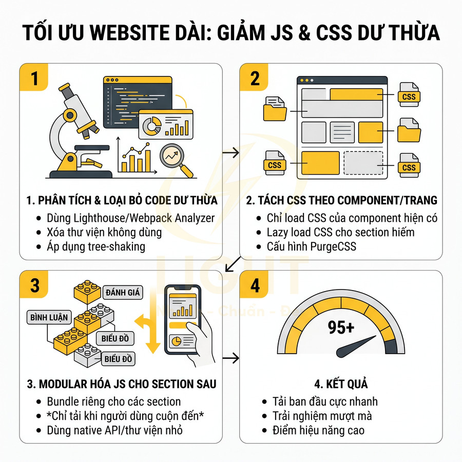Hướng dẫn tối ưu website dài bằng cách giảm JS và CSS dư thừa để tăng tốc độ tải và điểm hiệu năng