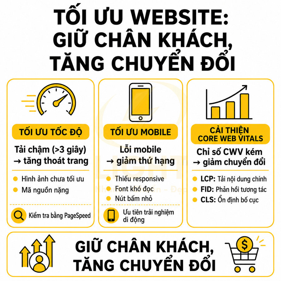 Infographic tối ưu website với các bước tăng tốc độ, tối ưu mobile và cải thiện Core Web Vitals để tăng chuyển đổi