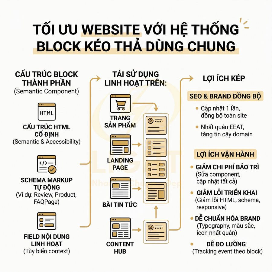 Infographic tối ưu website với hệ thống block kéo thả dùng chung, tái sử dụng trên trang sản phẩm, landing page, bài viết, content hub