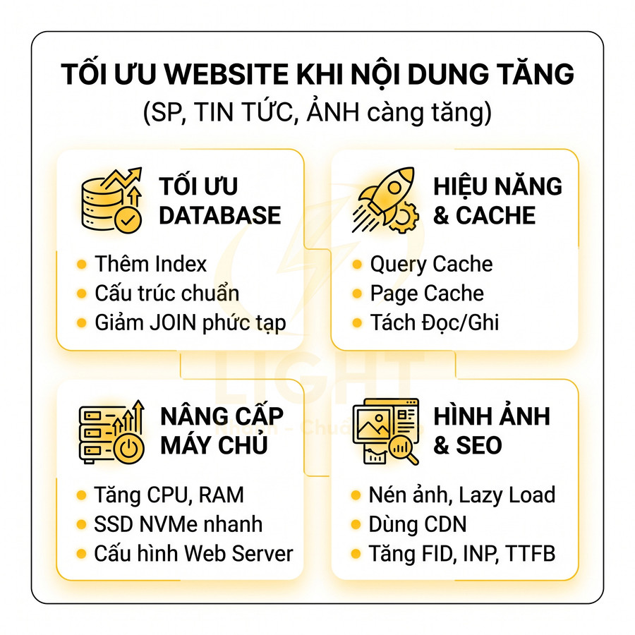 Tối ưu website khi nội dung tăng với giải pháp tối ưu database, hiệu năng cache, nâng cấp máy chủ, tối ưu hình ảnh và SEO