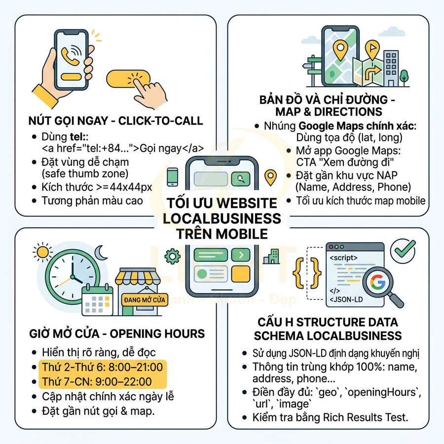 Infographic tối ưu website local business trên mobile với nút gọi, bản đồ, giờ mở cửa và schema dữ liệu