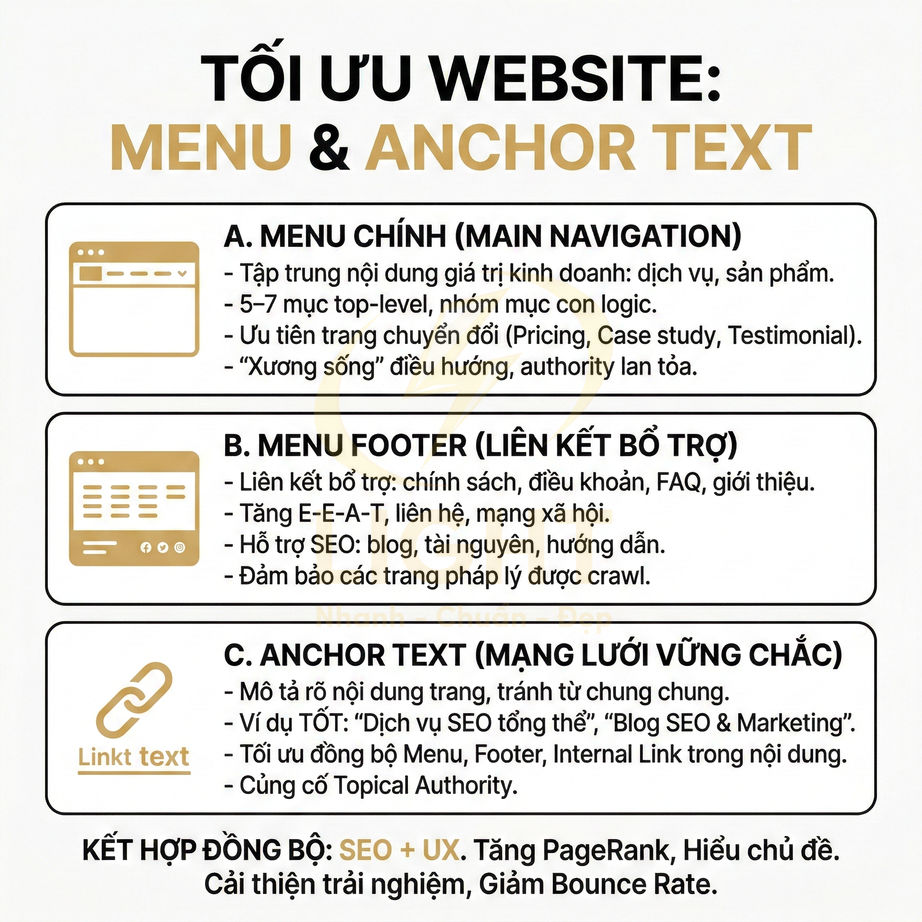 Hướng dẫn tối ưu website với menu chính, menu footer và anchor text chuẩn SEO và UX