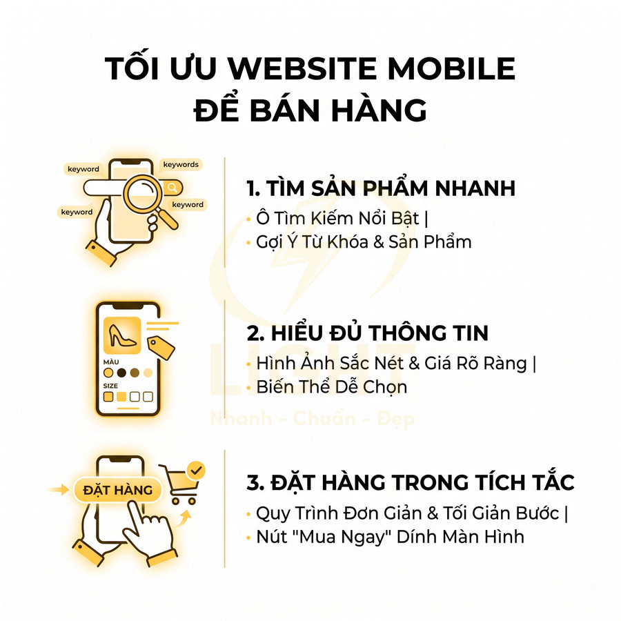 Hướng dẫn tối ưu website bán hàng trên mobile với tìm kiếm sản phẩm, thông tin rõ ràng và đặt hàng nhanh