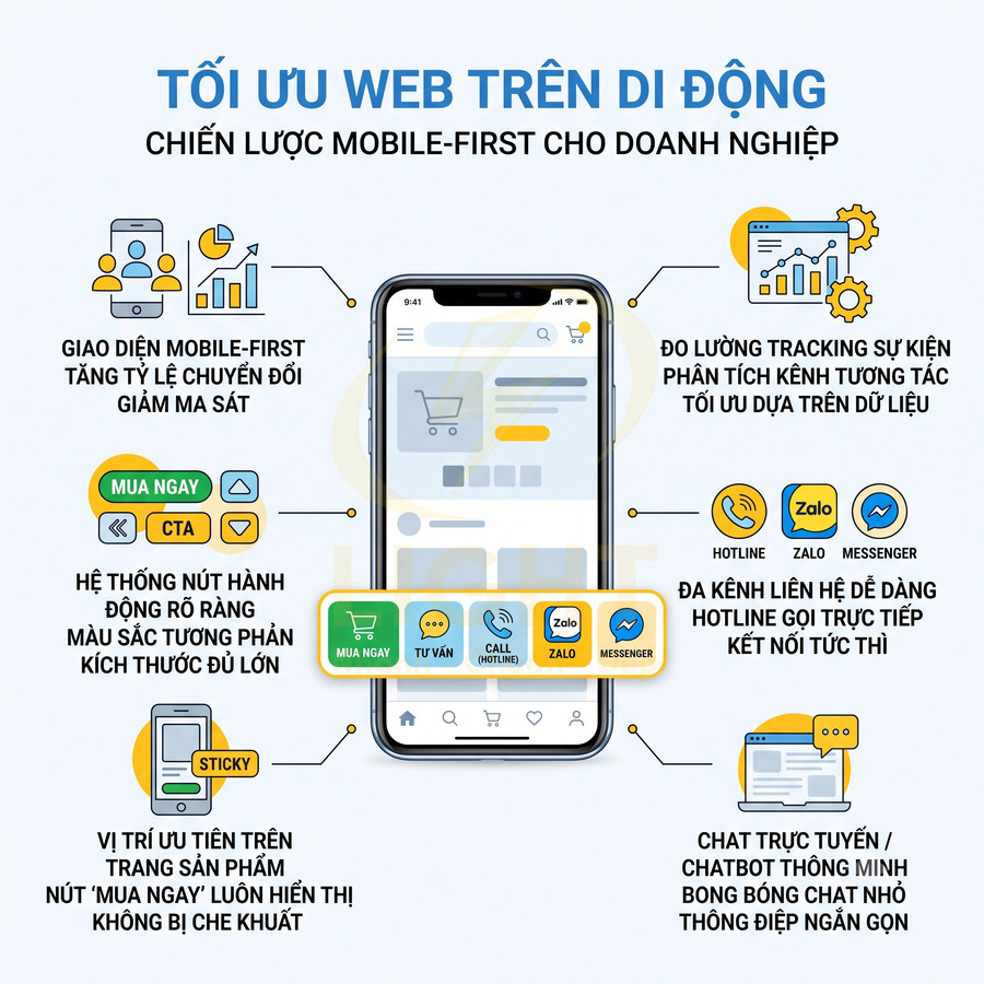 Infographic tối ưu web trên di động với giao diện mobile first, nút mua ngay nổi bật và đa kênh liên hệ Zalo Messenger