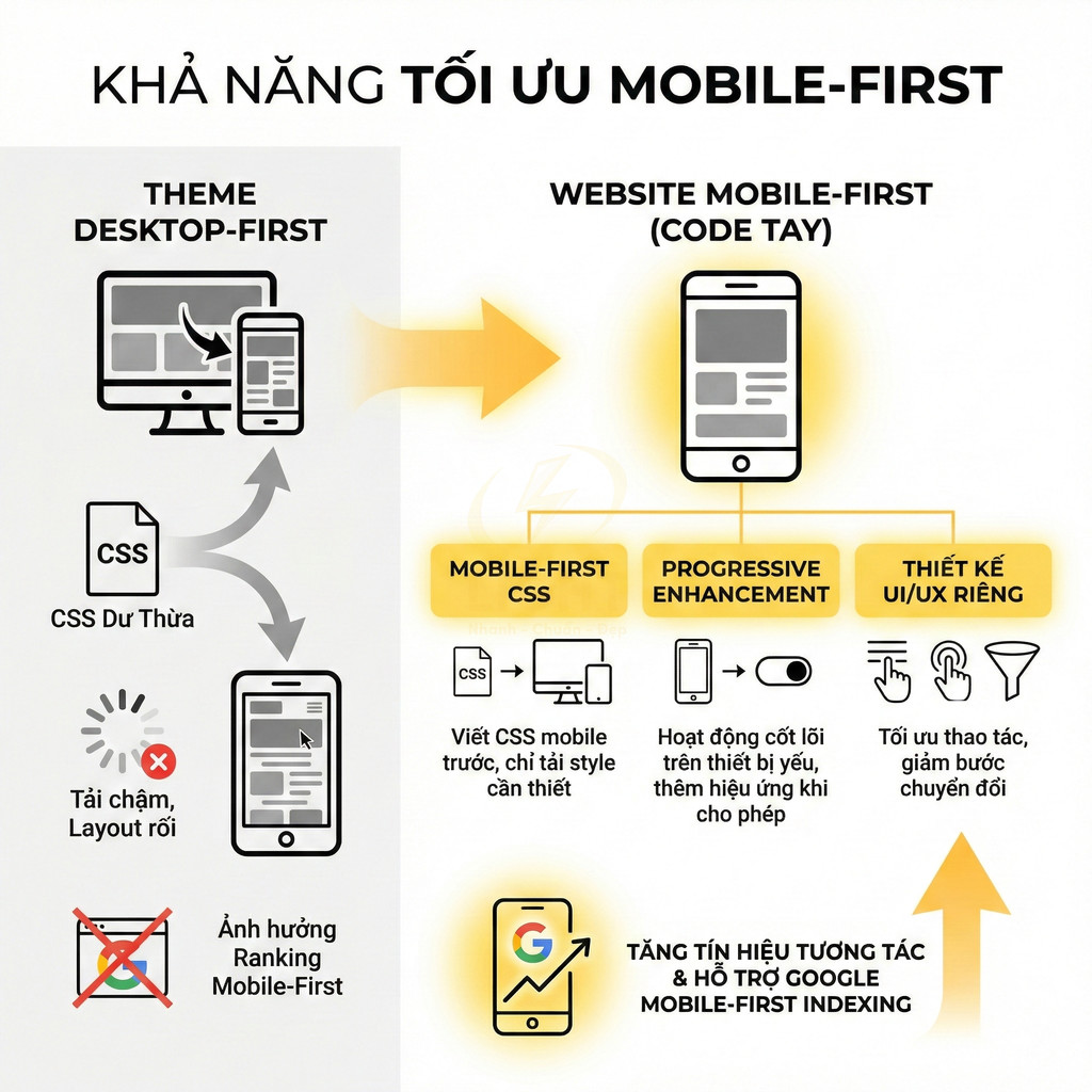 Minh họa so sánh theme desktop first và website mobile first tối ưu CSS, UIUX và hỗ trợ Google mobile first indexing