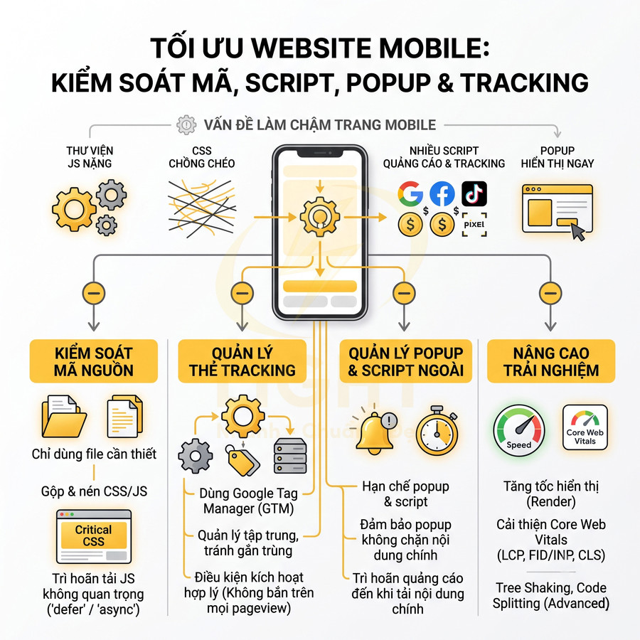 Infographic tối ưu website mobile với kiểm soát mã nguồn, script, popup và thẻ tracking để tăng tốc độ tải trang