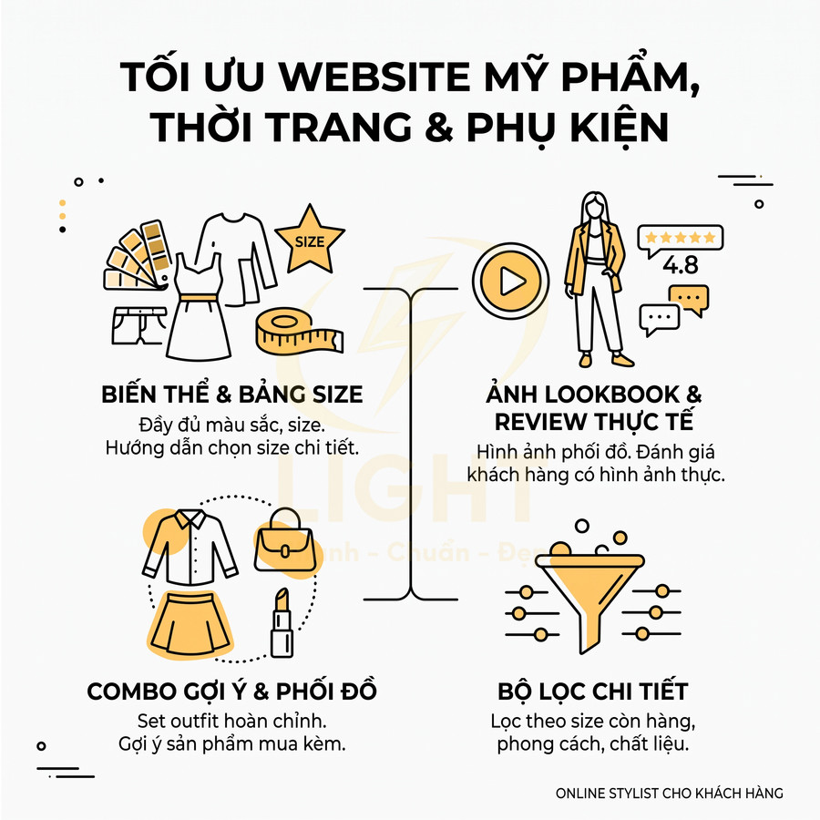 Hướng dẫn tối ưu website bán mỹ phẩm thời trang phụ kiện với biến thể size lookbook combo phối đồ và bộ lọc chi tiết