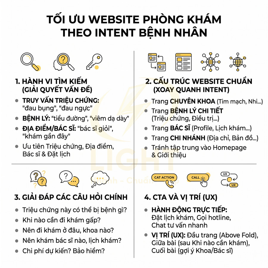 Infographic tối ưu website phòng khám theo intent bệnh nhân với 4 bước về hành vi tìm kiếm, cấu trúc site, FAQ và CTA UX