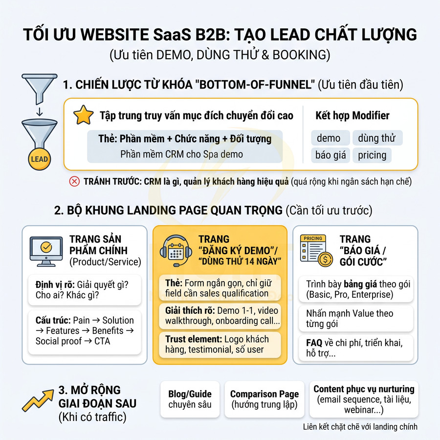 Infographic tối ưu website SaaS B2B tạo lead chất lượng với chiến lược từ khóa và khung landing page