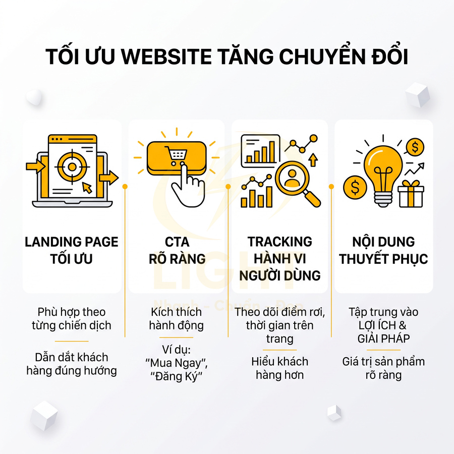Hình minh họa các bước tối ưu website tăng chuyển đổi với landing page, CTA, tracking và nội dung thuyết phục
