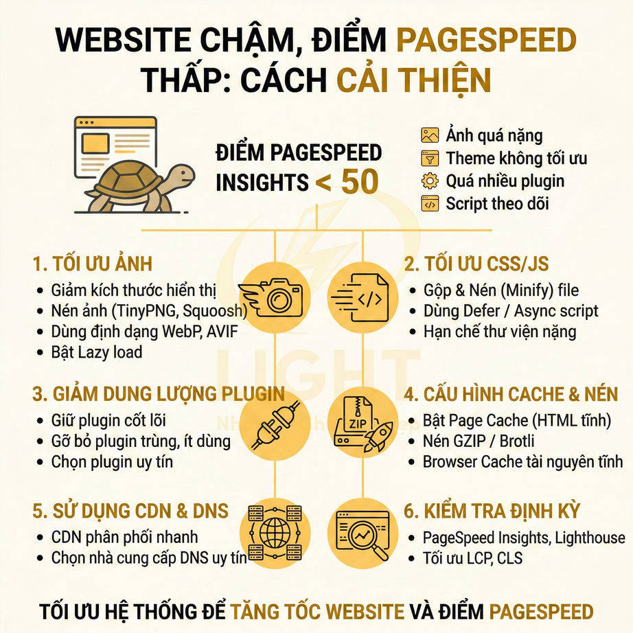 Infographic hướng dẫn tối ưu website chậm và cải thiện điểm Google PageSpeed với 6 bước chi tiết