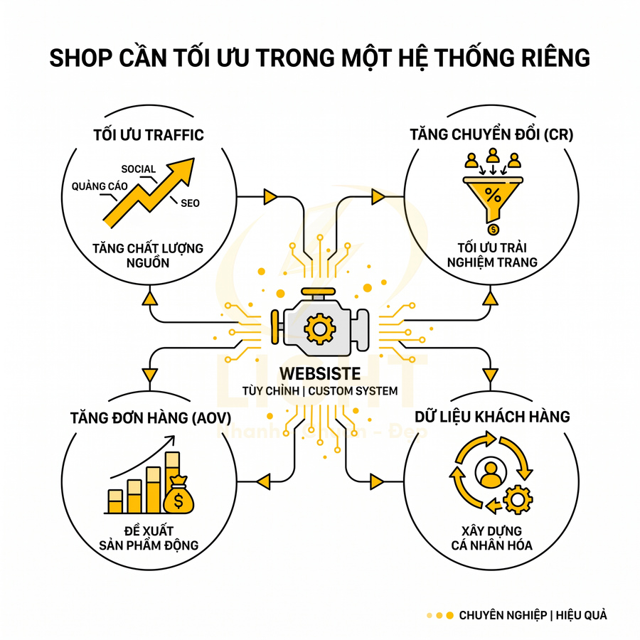 Mô hình hệ thống website tùy chỉnh giúp shop tối ưu traffic, tăng chuyển đổi, tăng đơn hàng và dữ liệu khách hàng