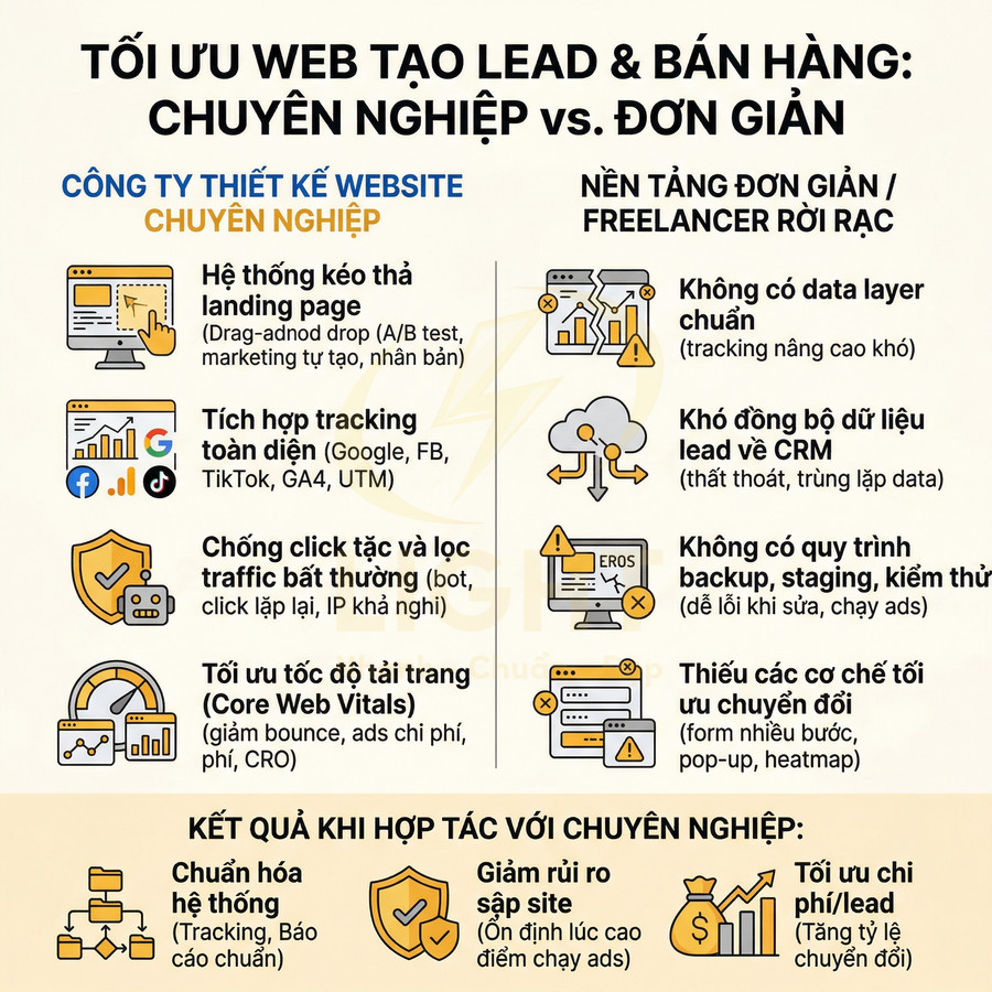 So sánh tối ưu web tạo lead và bán hàng giữa công ty thiết kế website chuyên nghiệp và nền tảng đơn giản