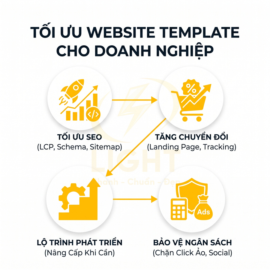 Mô hình tối ưu website template cho doanh nghiệp với tối ưu SEO, tăng chuyển đổi, lộ trình phát triển và bảo vệ ngân sách