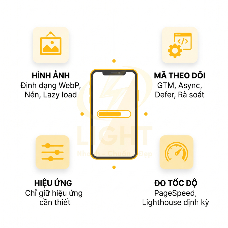Minh họa tối ưu tốc độ website trên điện thoại với hình ảnh WebP, mã theo dõi, hiệu ứng và đo tốc độ