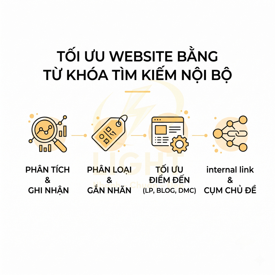Quy trình tối ưu website bằng từ khóa tìm kiếm nội bộ với các bước phân tích, phân loại, tối ưu điểm đến và internal link