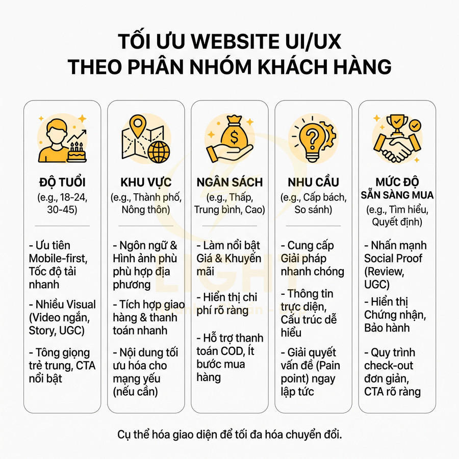 Tối ưu website UI UX theo nhóm khách hàng dựa trên độ tuổi khu vực ngân sách nhu cầu và mức độ sẵn sàng mua