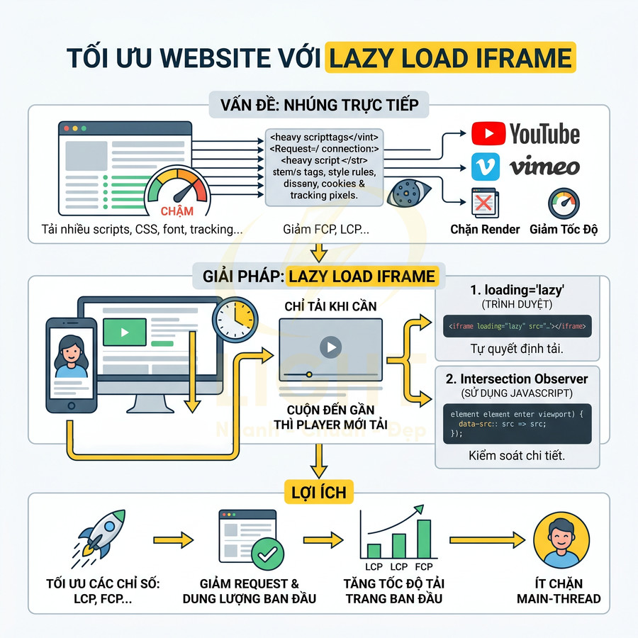 Infographic hướng dẫn tối ưu tốc độ website bằng kỹ thuật lazy load iframe cho video YouTube và Vimeo