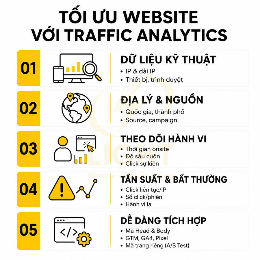 Infographic tối ưu website với traffic analytics gồm 5 lợi ích về dữ liệu kỹ thuật, địa lý, hành vi, tần suất và tích hợp