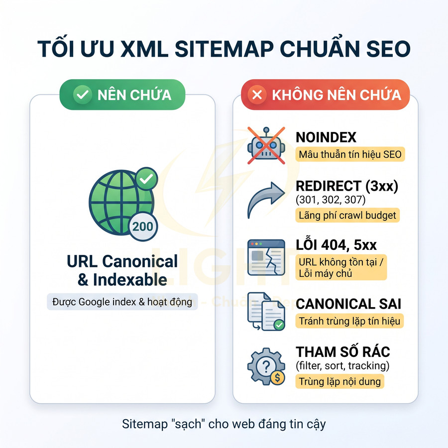 Hướng dẫn tối ưu XML sitemap chuẩn SEO với URL canonical indexable và các loại URL không nên đưa vào sitemap