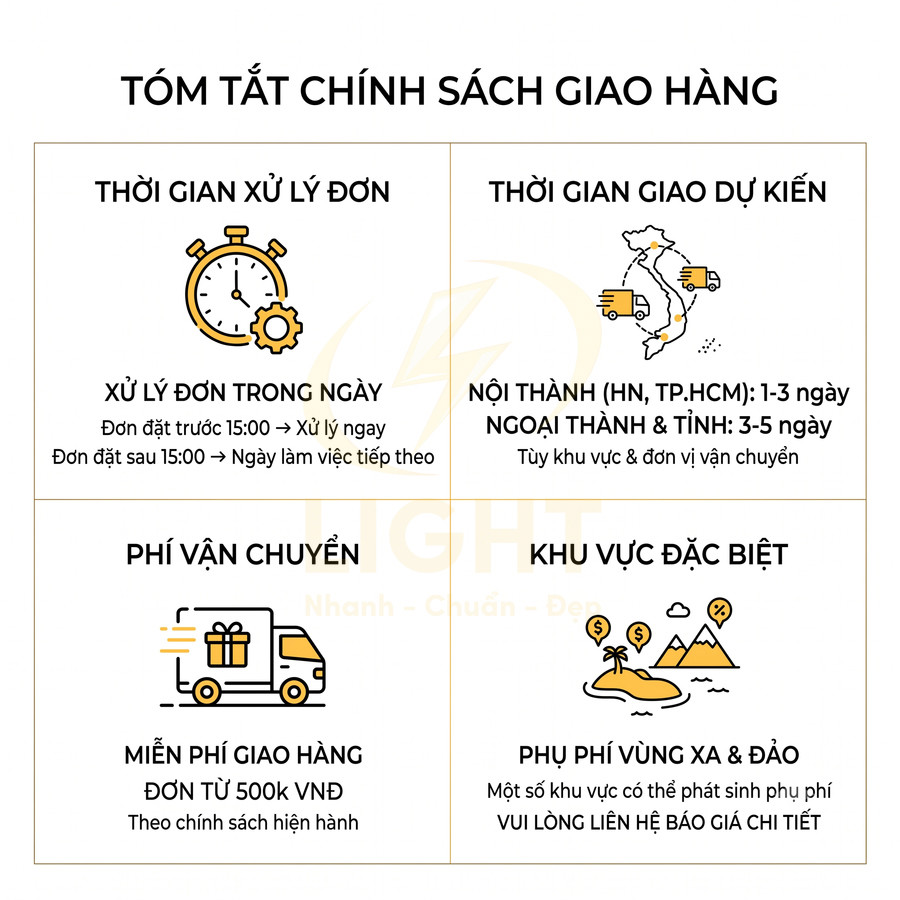 Tóm tắt chính sách giao hàng: thời gian xử lý đơn, giao dự kiến, phí vận chuyển và phụ phí vùng xa