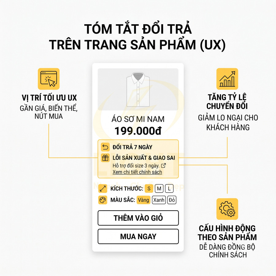 Giao diện trang sản phẩm áo sơ mi nam 199000đ với tùy chọn size màu và thông tin đổi trả 7 ngày