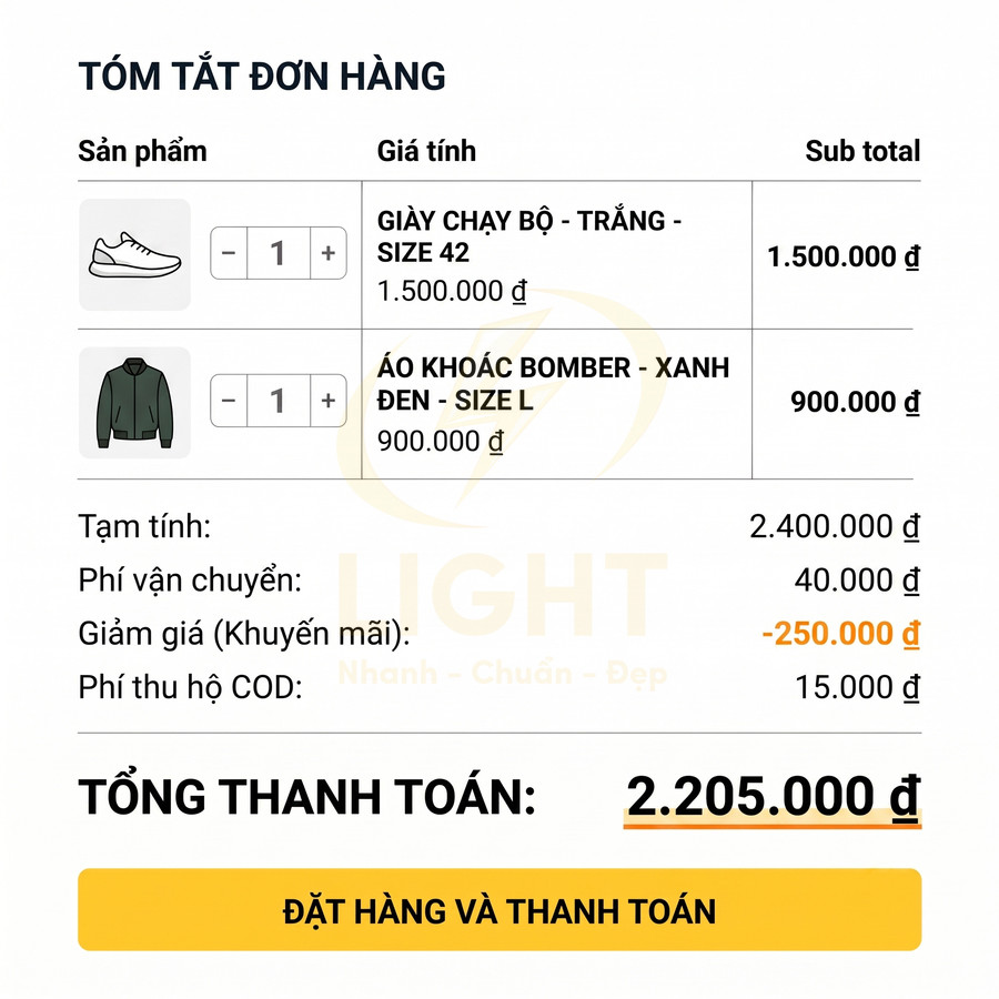 Giỏ hàng gồm giày chạy bộ trắng size 42 và áo khoác bomber xanh đen size L, tổng thanh toán 2.205.000 đồng