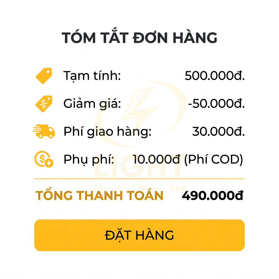 Tóm tắt đơn hàng với tạm tính 500000đ, giảm giá 50000đ, phí giao hàng 30000đ, tổng thanh toán 490000đ và nút đặt hàng