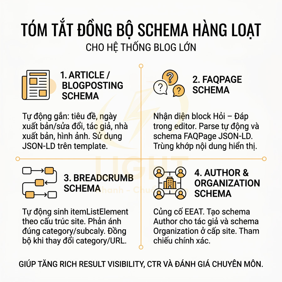 Infographic tóm tắt đồng bộ schema hàng loạt cho hệ thống blog lớn với 4 loại schema chính