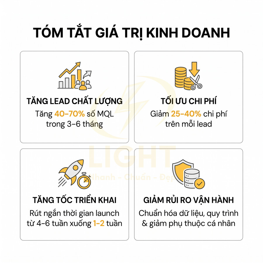 Tóm tắt giá trị kinh doanh của giải pháp marketing: tăng lead chất lượng, tối ưu chi phí, tăng tốc triển khai, giảm rủi ro vận hành