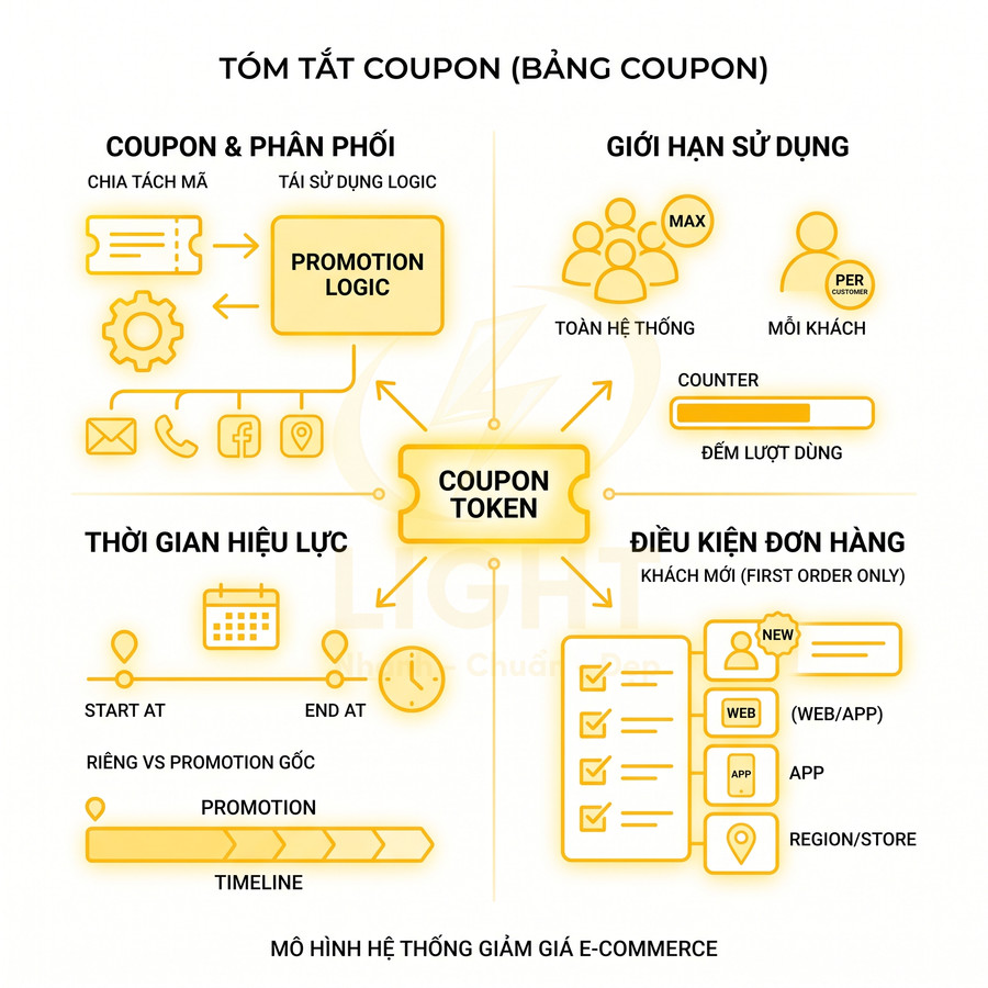 Sơ đồ mô hình hệ thống coupon token và điều kiện áp dụng giảm giá cho đơn hàng e-commerce
